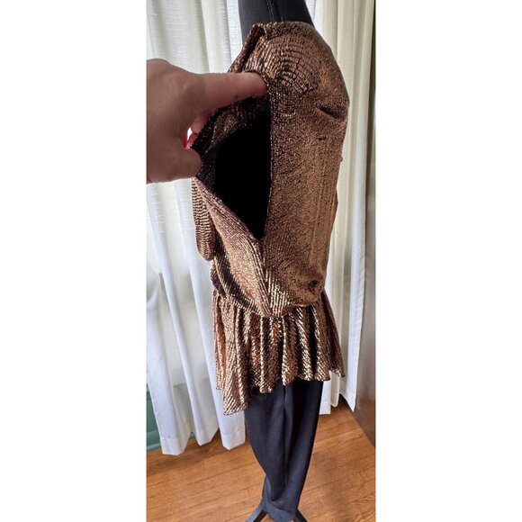 Vintage 1980s jumpsuit, gold metallic overlay top, oversized shoulder pads - Picture 4 of 10